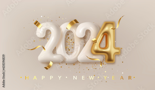 2024 New Year gold metal number. Extend Warm Wishes for a Happy New Year and Merry Christmas with this greeting card. Elegance and festive spirit. Vector 3d realistic.