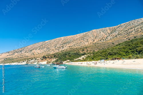  Paradise beach of Kroreza or Krorez from the boat on the Albanian riviera in Sarande, Albania
