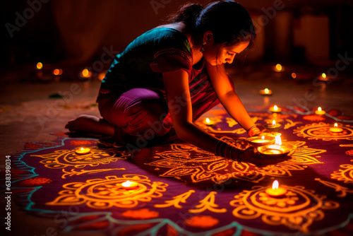 woman creating intricate rangoli patterns on the ground, creativity of Diwali. Created with generative AI technology.
