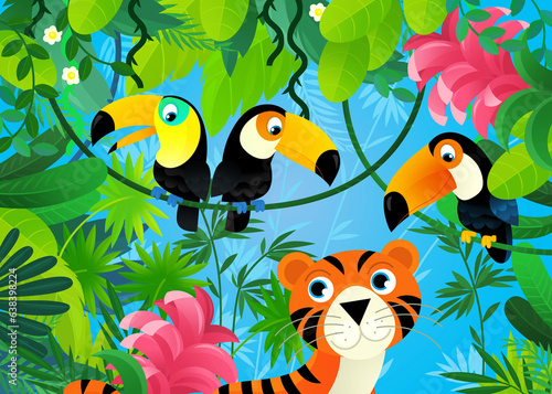 cartoon scene with jungle and animals being together with tiger illustration for children