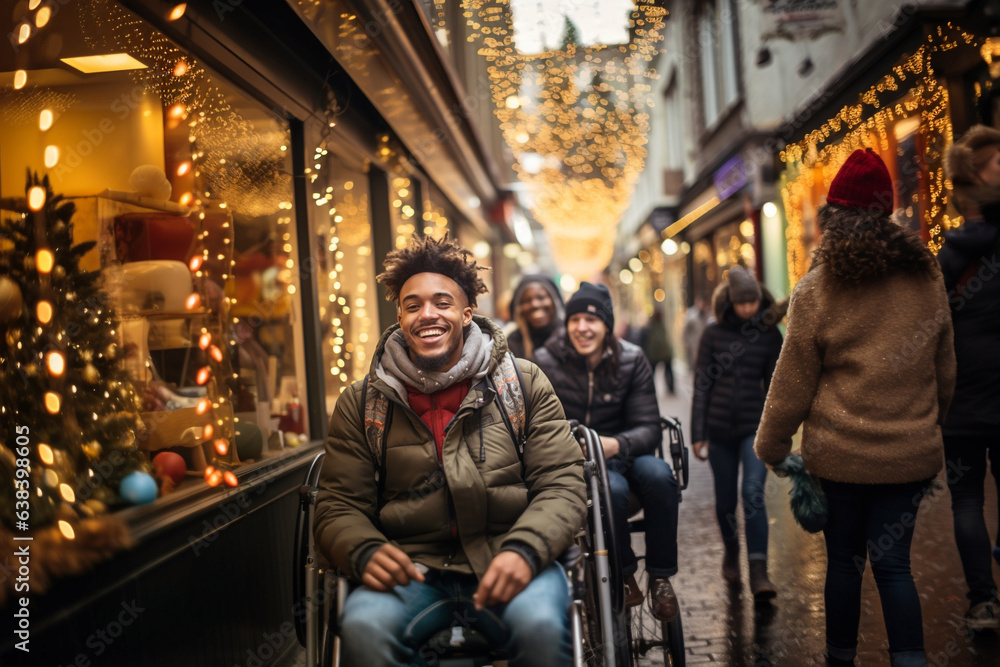 Disabled young man in a wheelchair, shopping tour with friends, happy smiling people , winter and christmas season, generative AI