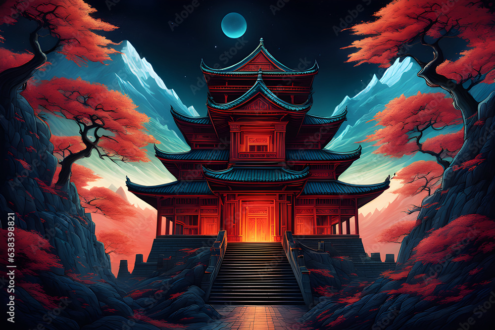 Fototapeta premium Asia style temple at night with Full moon