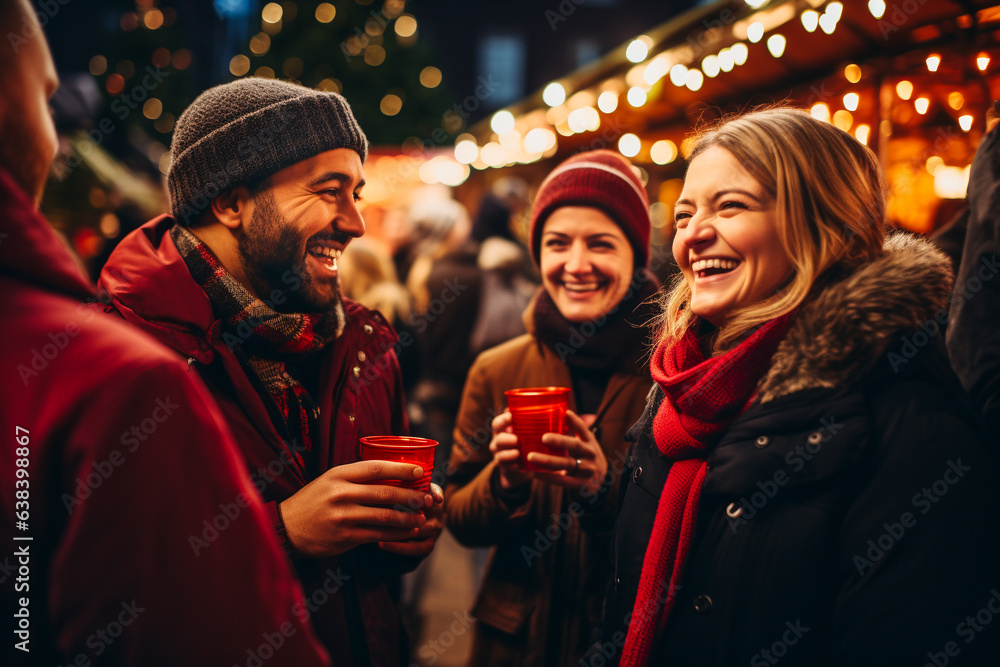 A group of people standing at a Christmas market and drinking mulled wine, Christmas party. AI generative. A group of people standing at a Christmas market and drinking mulled wine, Christmas party. AI generative.