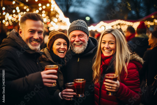 A group of people standing at a Christmas market and drinking mulled wine, Christmas party. AI generative.