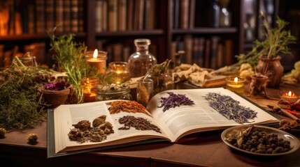 Herbal apothecary aesthetic concept. Natural dried plants herbs, spices, flowers ingredients in vintage inspired pharmacy. Organic alternative medicine. AI illustration..