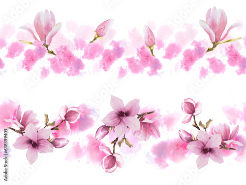 Flower Seamless border pattern Set Hand painted illustration of purple Magnolia bough.Isolated white background with pink watercolor stains.Horizontal repeating border banner  wallpaper wrapping paper
