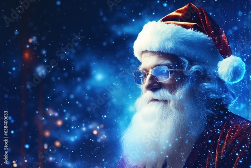 Realistic Santa Claus with blue neural connect dots lines. Generative Ai.