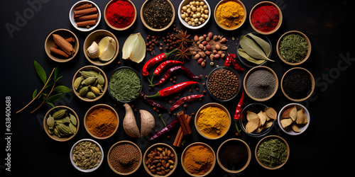 Various spices in a bowls on black concrete background generated with AI.