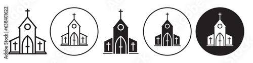 Church Icon. Vector symbol of catholic Christ religious building to pray the god or Jesus. Flat outline logo of Christian priest or bishop faith tower with cross sign
