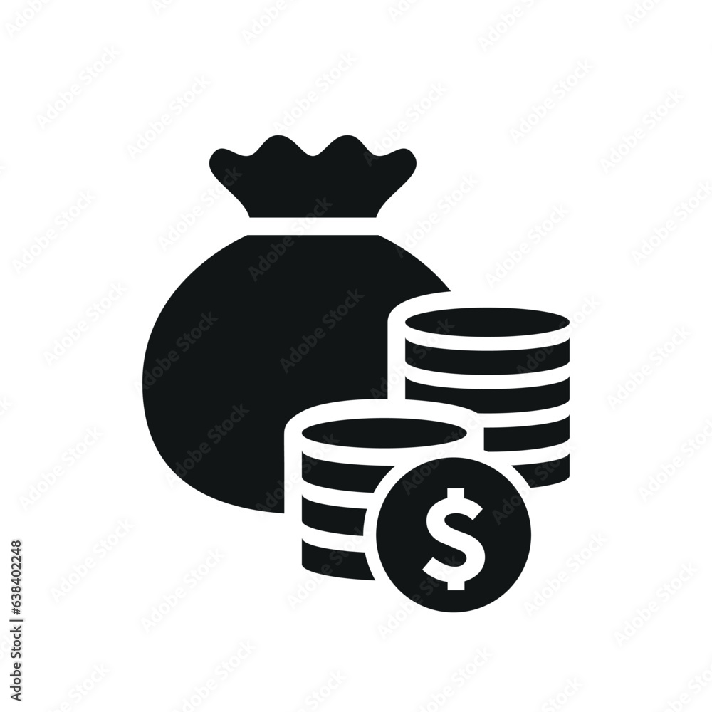 money bag and coins with dollar sign. Black and White Cash Money Symbol Icon. money bag and coins with dollar sign. Black and White Cash Money Symbol Icon.