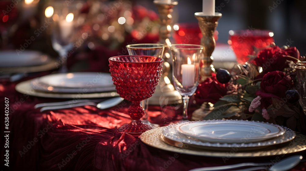 A beautifully set table showcases fine china, sparkling glassware, and elegant centerpieces. The high-detail photography captures the intricacies of the table decor.