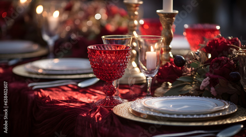 A beautifully set table showcases fine china, sparkling glassware, and elegant centerpieces. The high-detail photography captures the intricacies of the table decor.
