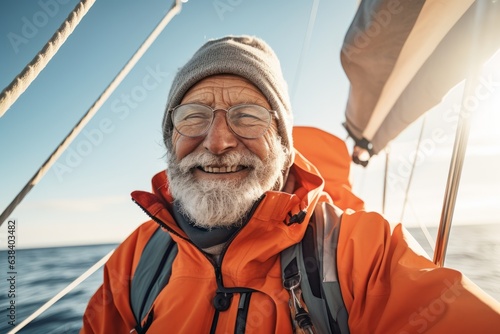 Portrait of cheerful senior man standingof sailing yacht and smiling at camera