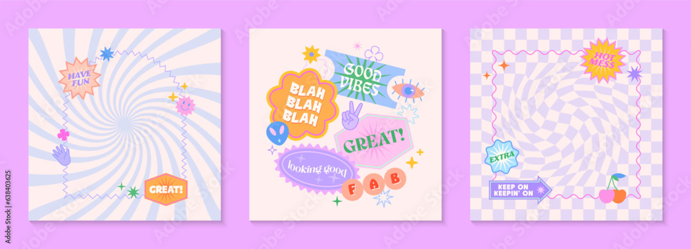 Vector templates with patches and stickers in 90s style.Modern emblems in y2k aesthetic chess and spiral backgrounds.Trendy funky designs for banners,social media marketing,branding,packaging,covers