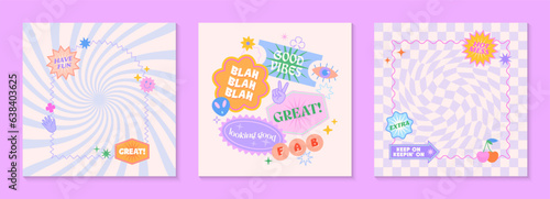 Vector templates with patches and stickers in 90s style.Modern emblems in y2k aesthetic chess and spiral backgrounds.Trendy funky designs for banners,social media marketing,branding,packaging,covers © Xenia Artwork 