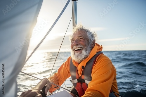 Happy senior man sailing on a yacht in the sea at sunset.