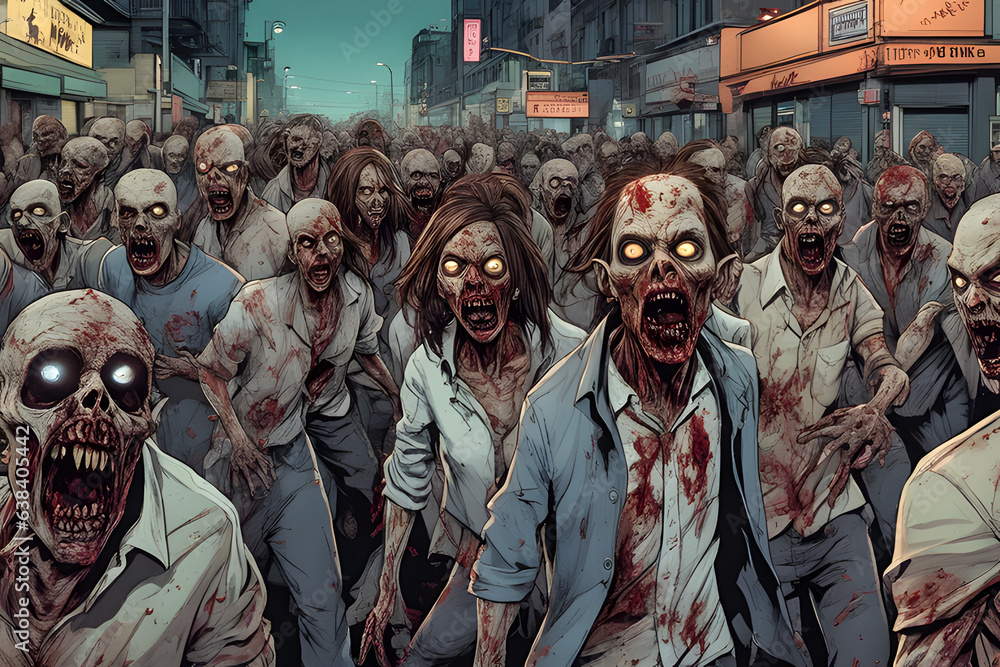 Zombie horde. Zombie apocalypse scene. Generative ai