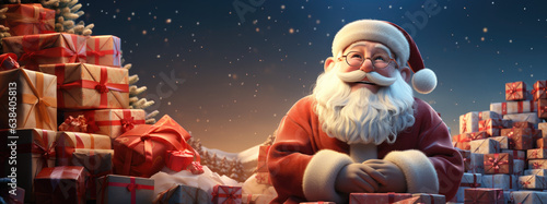 santa clause illustration 3D, standing in front of a pile of presents, lot of gift, xmas design for banner, AI
