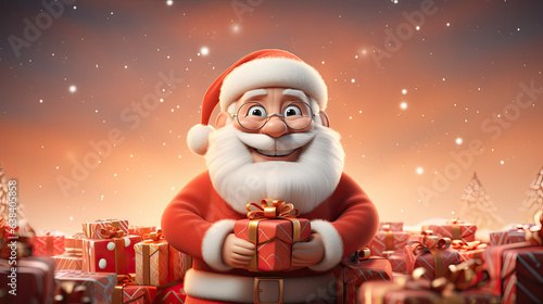 3d illustration of Santa Claus character holding a gift box in a festive Christmas scene, magic Christmas Background, AI