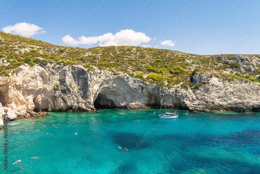 Panorama of famous touristic destination porto limnionas beach in Zakynthos island in Greece.
