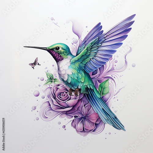 Beautiful hummingbird with flowers. watercolor painting. vector illustration. Hummingbird with floral ornament on a white background. vector illustration.