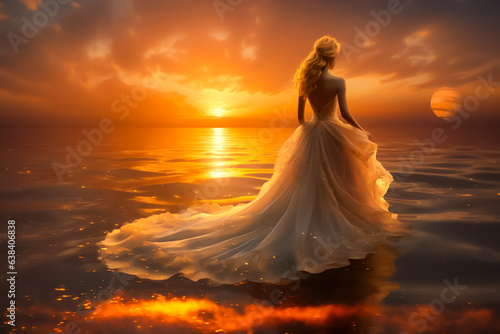 Photo of a woman standing in water at sunset wearing a white dress, ai generated 