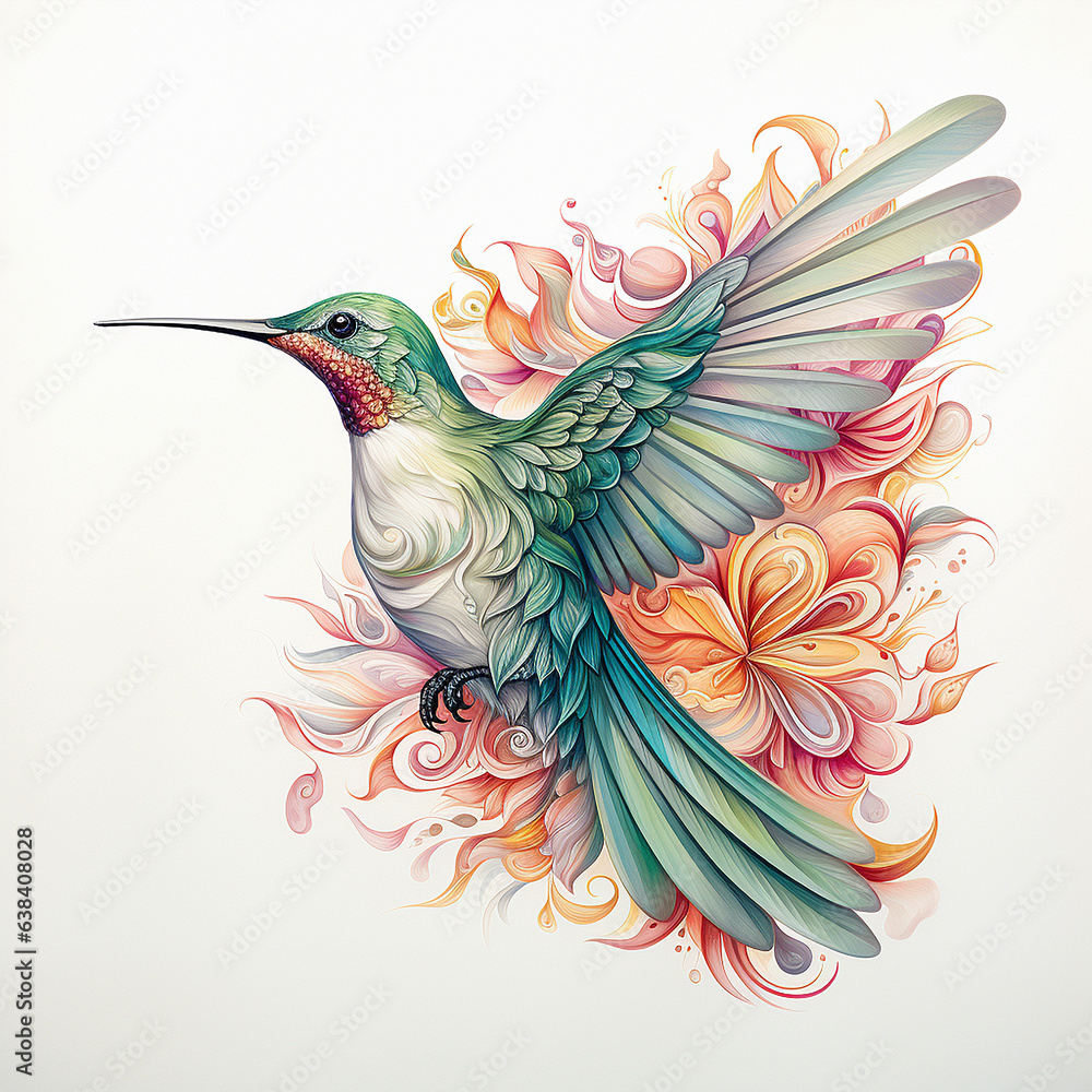 Obraz premium Beautiful hummingbird with flowers. watercolor painting. vector illustration. Hummingbird with floral ornament on a white background. vector illustration.