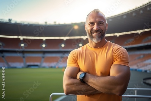 Portrait of smiling mature man standing with arms crossed at football stadium