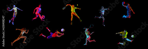 Collage. Sportive people, men and women, runner, football, tennis, basketball, volleyball players isolated on black background. Concept of professional sport and competition. Ad. Banner, poster