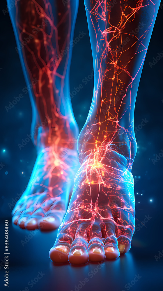 Foot hand and head with electric nerves on a black background - obrazy, fototapety, plakaty 