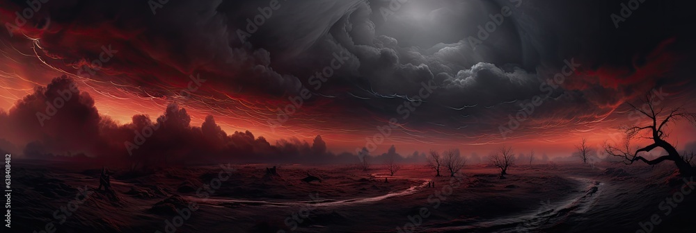 Endless Field with a Guiding Path - Towering Whirly Clouds Commanding the Sky - Modern Digital Artistry Breathes Life in Dark Grey and Striking Red Style - Created with Generative AI Technology