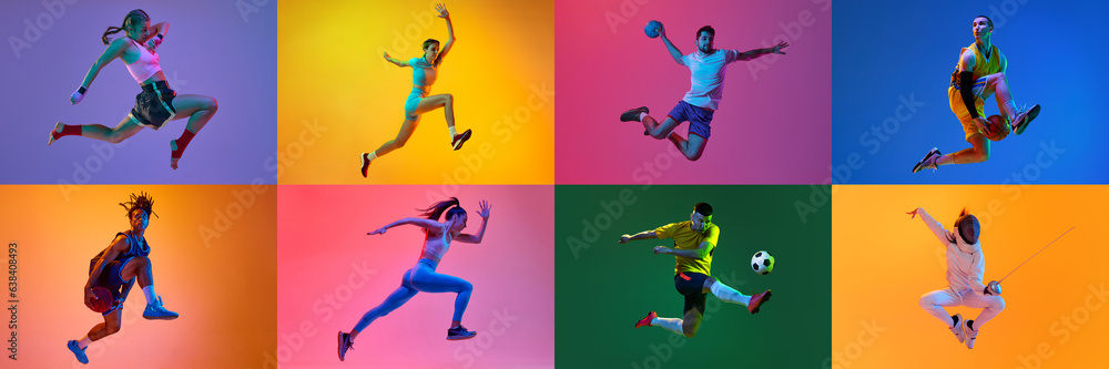 Obraz premium Collage. Athlete of MMA, fencing, runner, volleyball, basketball, football, tennis players against multicolored background. Concept of professional sport, game, competition. Ad. Banner and poster