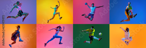 Collage. Athlete of MMA, fencing, runner, volleyball, basketball, football, tennis players against multicolored background. Concept of professional sport, game, competition. Ad. Banner and poster