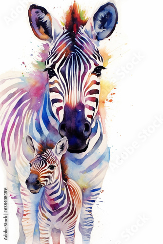 Colourful illustration portrait of a zebra with foal  ai generated 
