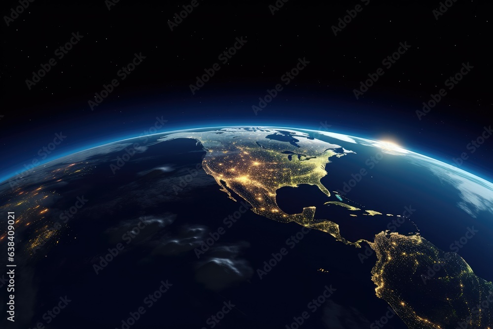 Enjoy the beautiful view of planet Earth from space. This vista, combining the night sky and city lights, enhances the beauty of our planet.
 Generative AI
