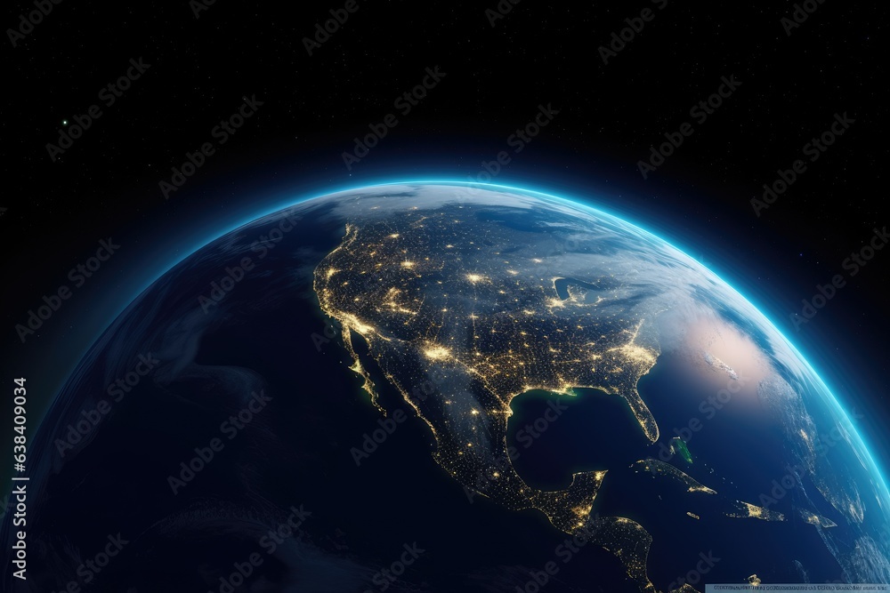 Obraz premium Enjoy the beautiful view of planet Earth from space. This vista, combining the night sky and city lights, enhances the beauty of our planet. Generative AI