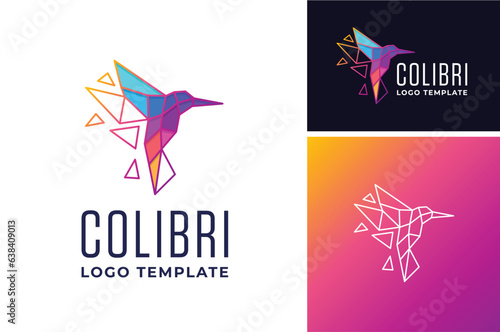 Modern colibri bird hummingbird with low poly colorful polygon style logo design