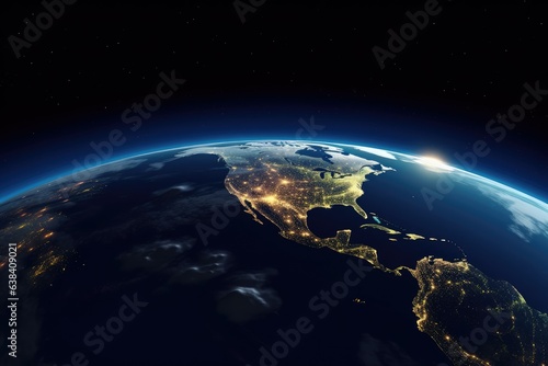 Enjoy the beautiful view of planet Earth from space. This vista, combining the night sky and city lights, enhances the beauty of our planet. Generative AI