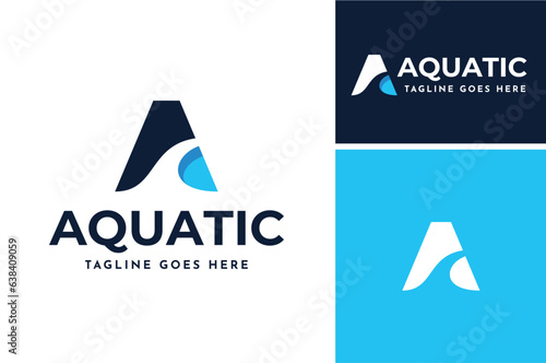 Initial Letter A Aqua with blue fresh water for swimming pool or sea ocean beach logo design