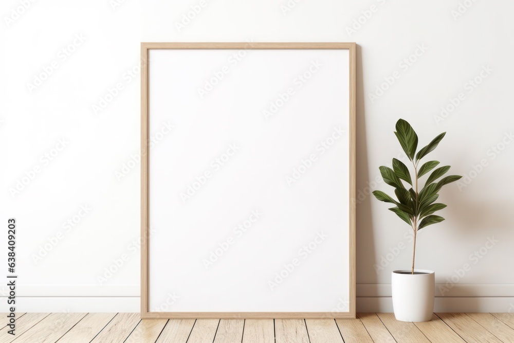 white wall with blank wooden frame and green plant mock up on wooden floor white wall with blank wooden frame and green plant mock up on wooden floor