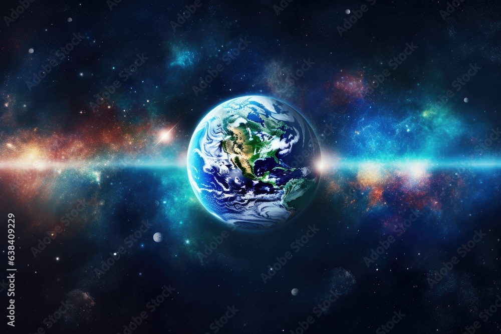 Earth as seen from space, surrounded by stars and a nebula-filled background. It captures the beauty of Earth, the galaxy, and the sun from space, along with the serene beauty of a blue Generative AI Earth as seen from space, surrounded by stars and a nebula-filled background. It captures the beauty of Earth, the galaxy, and the sun from space, along with the serene beauty of a blue Generative AI