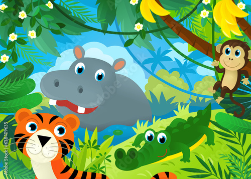 cartoon scene with jungle and animals being together with tiger illustration for children