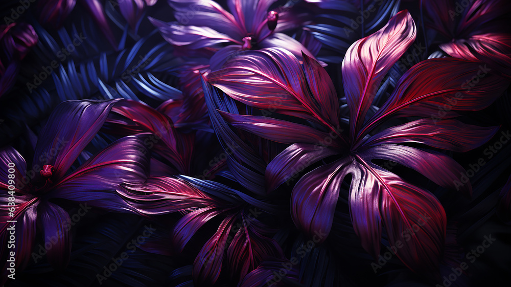 Dark blue and violet tropical party design with palm leaves and neon letters. Summer night.By Ai Dark blue and violet tropical party design with palm leaves and neon letters. Summer night.By Ai