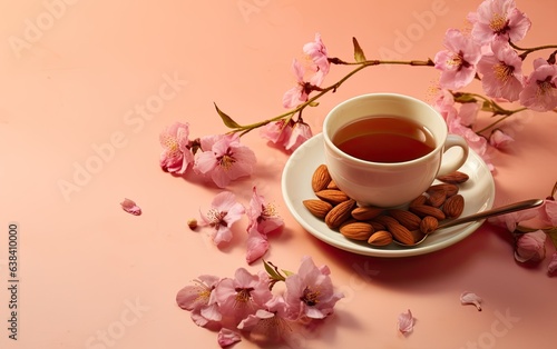 a up of tea almonds spices and herbs on a pink background.