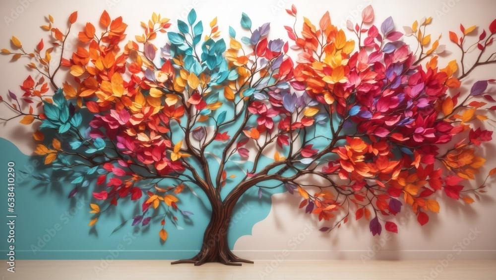 illustration of an autumn tree with painting on the wall