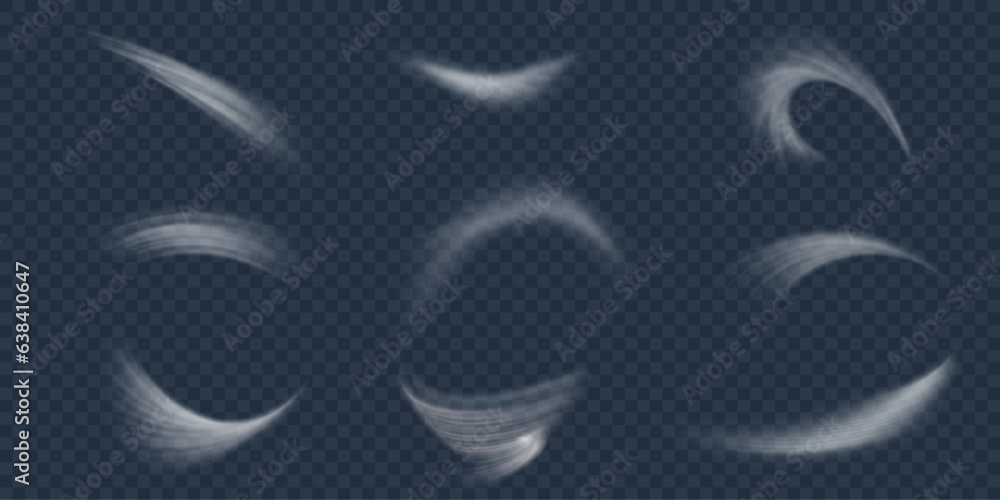 Set of white airflow wave effects. Design element to visualize the flow of air or water. Isolated on transparent background. Set of white airflow wave effects. Design element to visualize the flow of air or water. Isolated on transparent background.