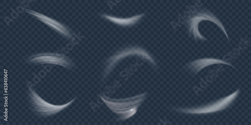 Set of white airflow wave effects. Design element to visualize the flow of air or water. Isolated on transparent background.