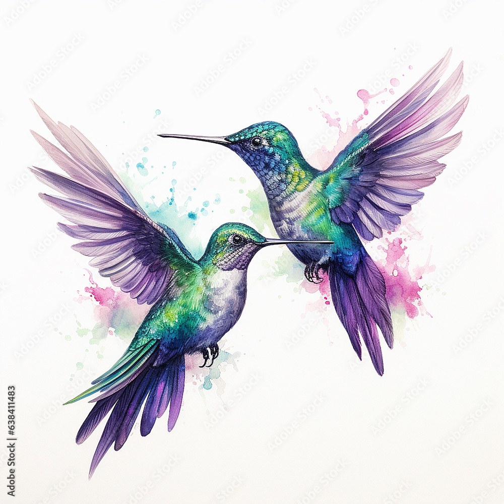 Obraz premium Two hummingbirds in love. watercolor painting on white background. Hummingbird with wings and watercolor splashes, hand drawn illustration