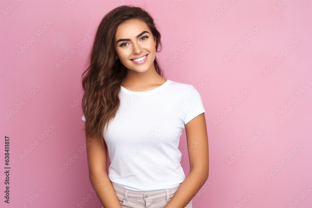 female model wearing white tshirt on pink background for mock up photos female model wearing white tshirt on pink background for mock up photos