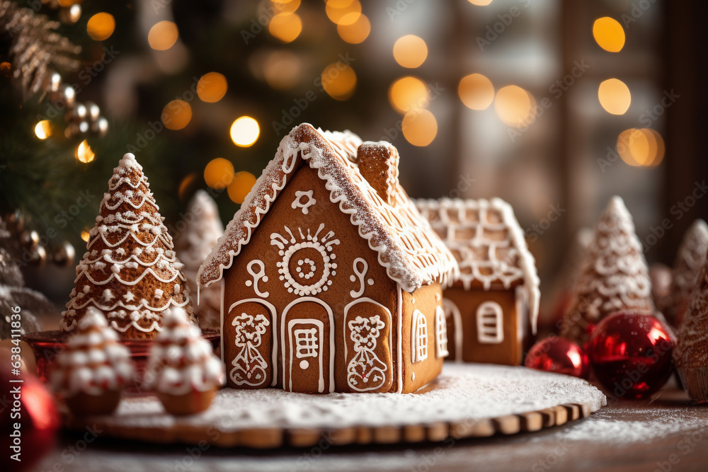 Gingerbread home decorated with frosting and candies. Close up view Christmas festive food. Generative AI